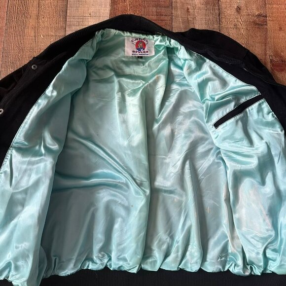 Vintage Camel Black Leather Suede Bomber Jacket With Ribbed Cuffs & Snap Buttons - Picture 7 of 12